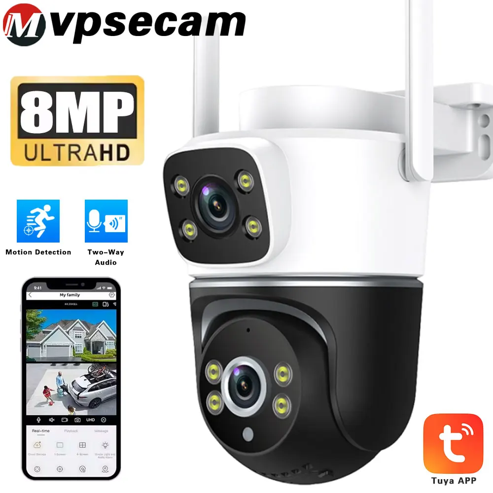 

Tuya 8MP Mini WiFi Camera Outdoor Dual lens Dual screen PTZ Security Protection CCTV Video Surveillance Camera