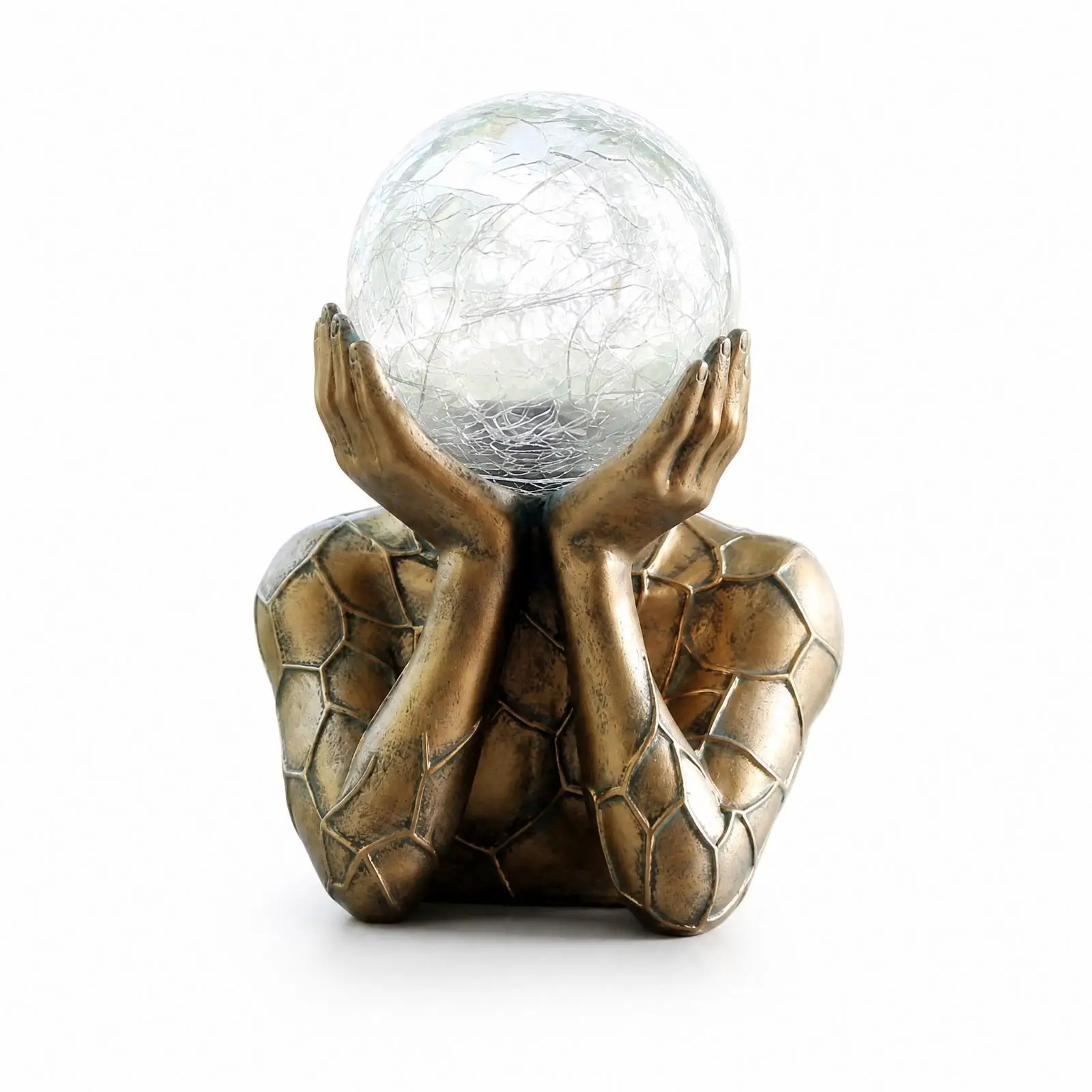Decorative Resin Garden Sculpture Seated Figure Holding Globe Solar Light Bronze Tone Statue for Outdoor Patio Entryway Decor