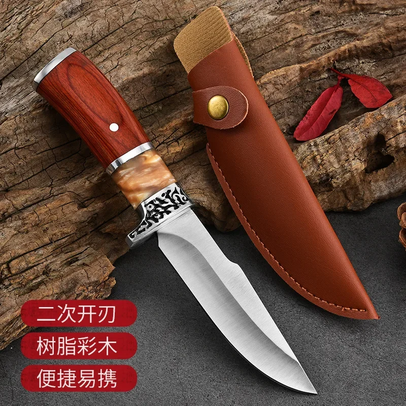 New resin mahogany handle outdoor jungle straight knife,  EDC portable multifunctional knife