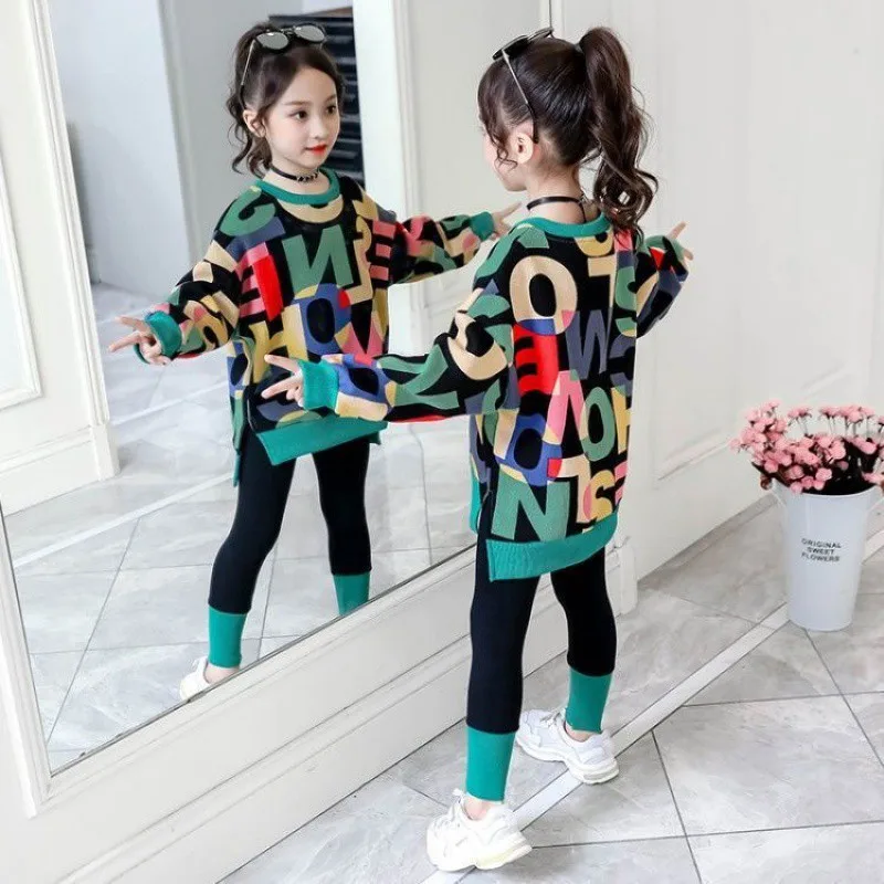 New Girls\' Alphabet Printing Suits Girls Baby Spring and Autumn Fashion Clothes Korean Teenage Children\'s Sports Two-piece Set