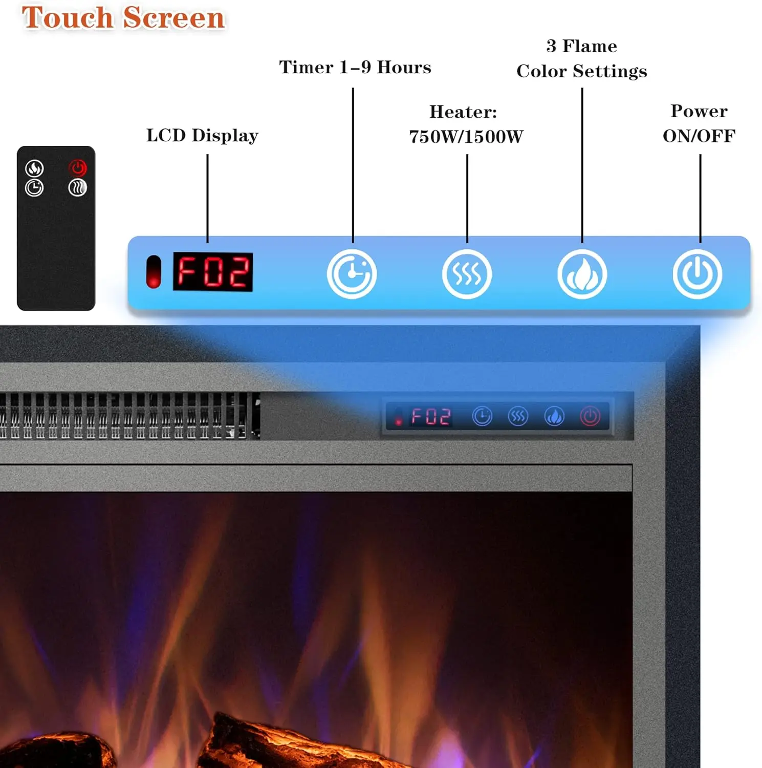 Electric Fireplace Inserts, Recessed Fireplace Heater with Remote Control