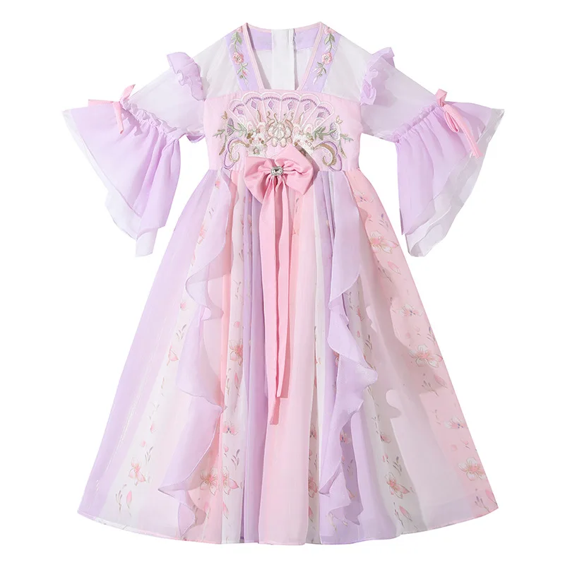 Retro Chinese Hanfu Girls Tradition Elegant Floral Embroider Fairy Dress Oriental Cosplay Perform Dance Robe Kids Birthday Gift