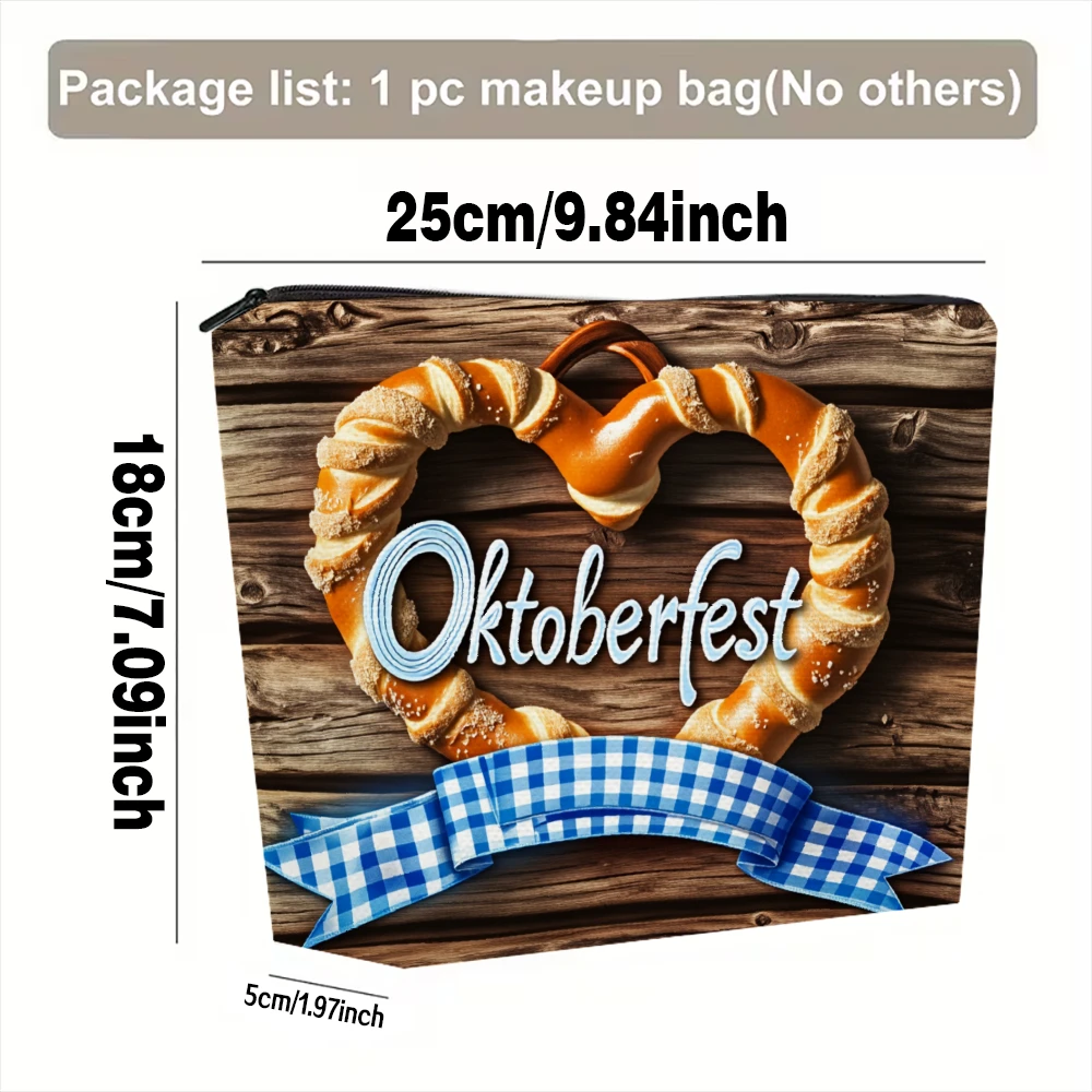 Wooden Background Pretzel Heart Oktoberfest Ribbon Makeup Bags for Girls Cosmetic Pouch Toiletry Bag Pencil Case Travel