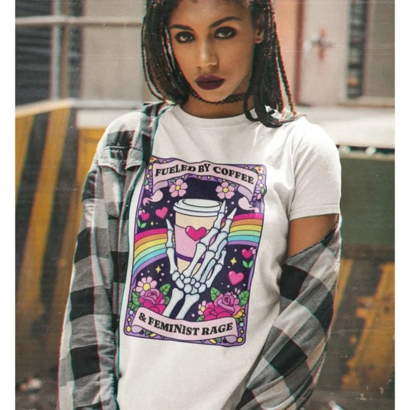 Coffee and Feminist Rage Shirt Funny Feminist T-Shirt Retro Skeleton Tee All-season Breathable  Ironic Art Short Sleeve Tops
