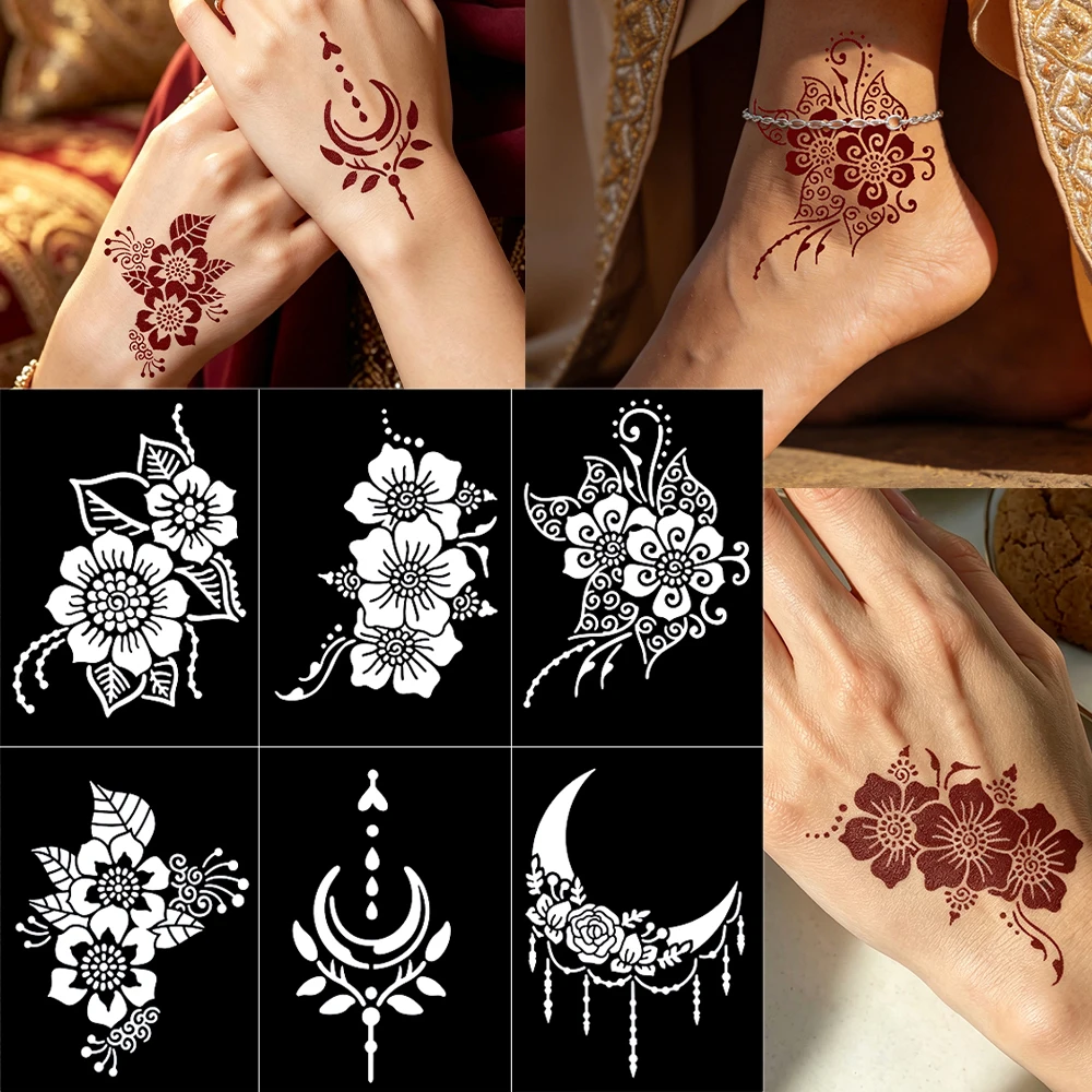 6pcs Henna Tattoo Stencils Moon Leaf Flower Tattoo Template for Women Temporary Tattoo Painting Tools Henna Tattoo Stencils Body