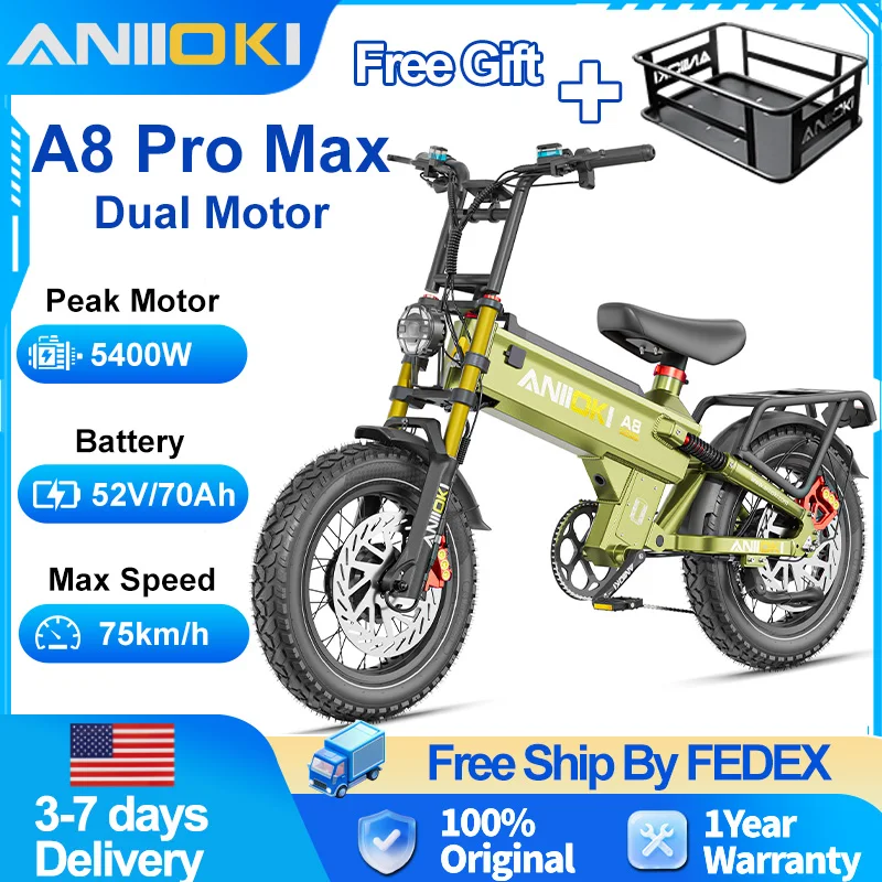 

Электровелосипед A8 Pro Max AWD с двумя моторами 5400 Вт, аккумулятором 52В 70Ач, скоростью 47 миль/ч, толстыми шинами 20"*4" и мотором 2200 Вт, с увеличенным сроком службы батареи