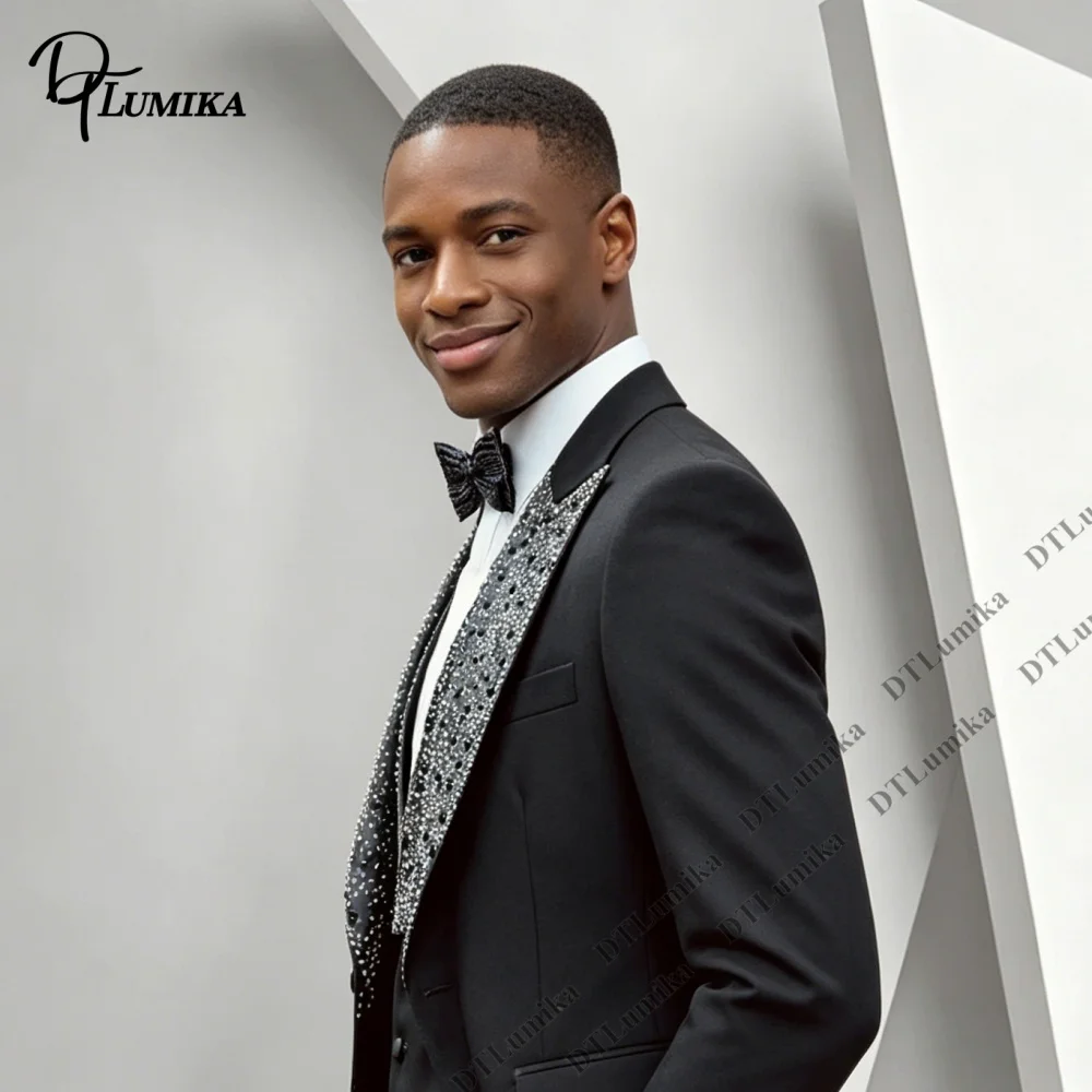 Men Tuxedo 3 Piece Suit Sparkling Rhinestone Peak Lapel Blazer Matching Waistcoat Straight Trousers Set For Wedding Prom Banquet