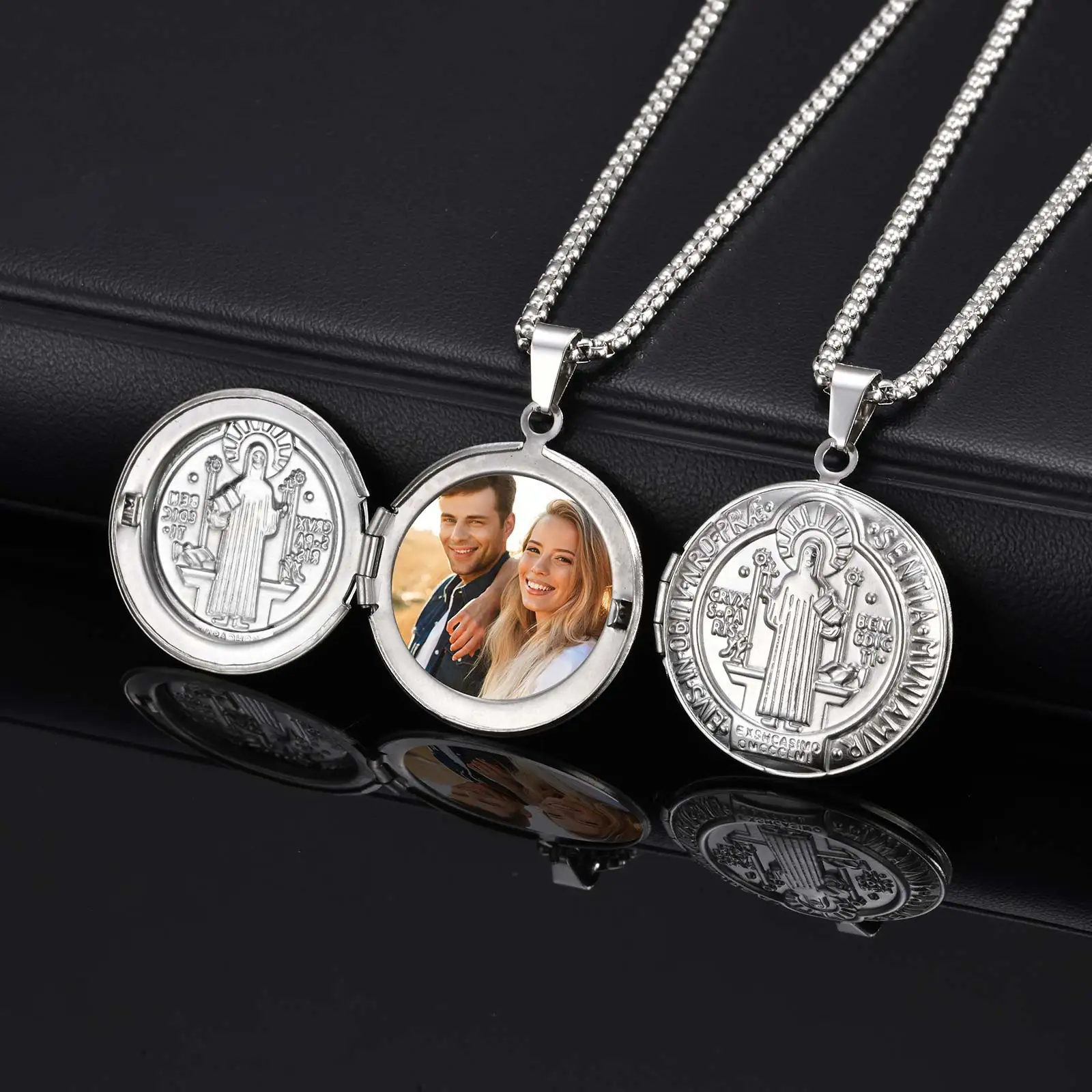 Saint Benedict Necklace for Men Boys,Customized Photo Picture Stainless Steel Round Box Necklaces,Gift to Dad Husband BBF