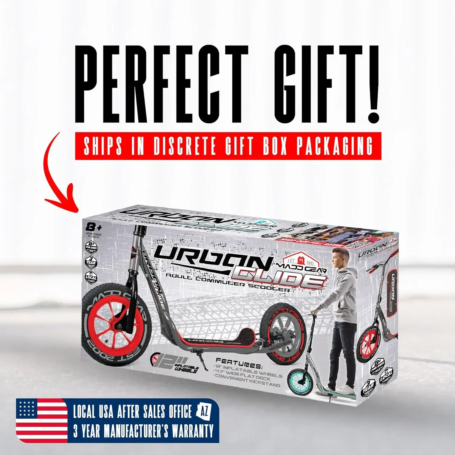 Grand trottinette pour adultes, adolescents et enfants de 8 à 12 ans avec béquille - Pneus remplis d'air de 12", pont large, cadre en acier léger - Urb