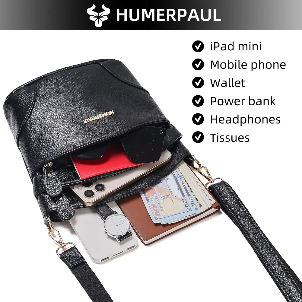 HUMERPAUL Bolsa crossbody feminina elegante bolsa de ombro de couro de vaca com alça ajustável para uso diário/shopping/viagens