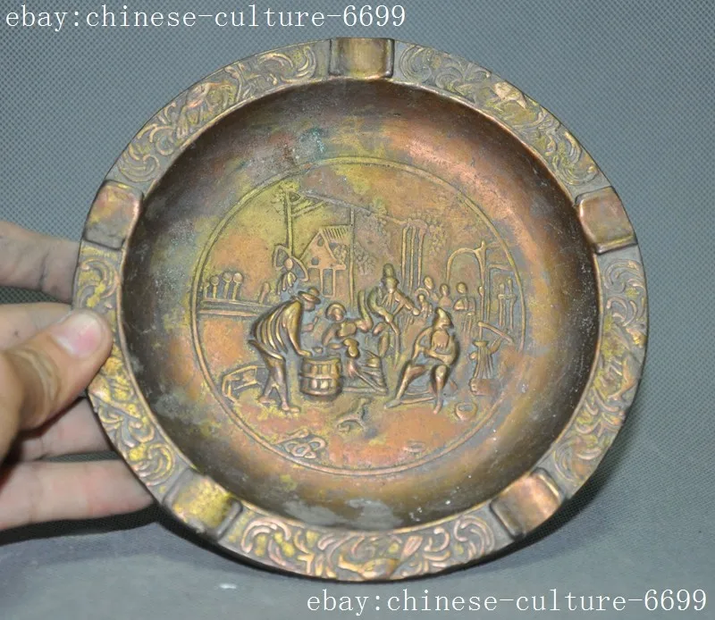

Antique Exquisite Vintage Mark Old Chinese Bronze Ancient Man Plate Ashtray - Brass animal sculpture
