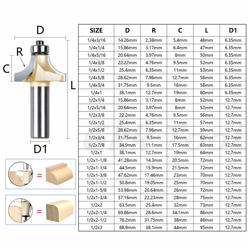 1/4 1/2 بوصة قواطع طحن الزاوية المستديرة مع تحمل أكثر من راوتر بت للخشب أداة نجارة حافة مستديرة المتقلب 6.35/12.7 مللي متر