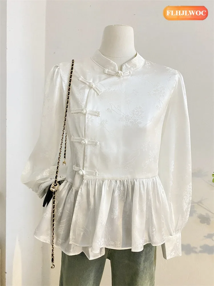Rosa gola topos estilo chinês chi-pao blusas mulher nova 2026 primavera festa de casamento retro vintage barriga peplum camisas brancas