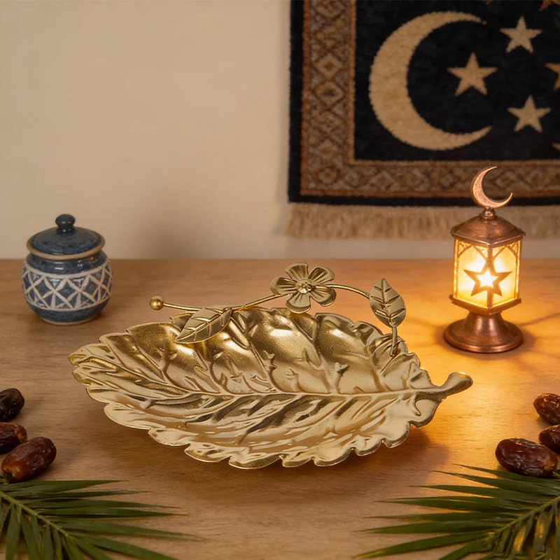 Eid al-fitr bandeja de frutas dourada criativa ramadan metal bandeja de frutas sobremesa servindo prato reutilizável placa decorativa de metal