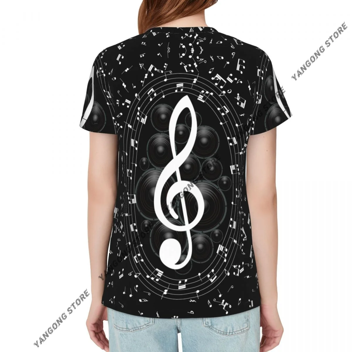 Womens Short Sleeve Musical Notes Staff Background Casual Tee Clothing Crewneck Woman T-Shirts