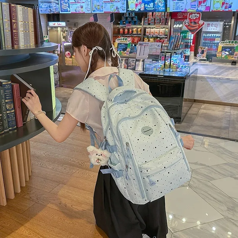 Middle School Student Schoolbags Teenage Girls Cute Backpack Star Print Kawaii Daypack Large Capacity Waterproof Travel Rucksack