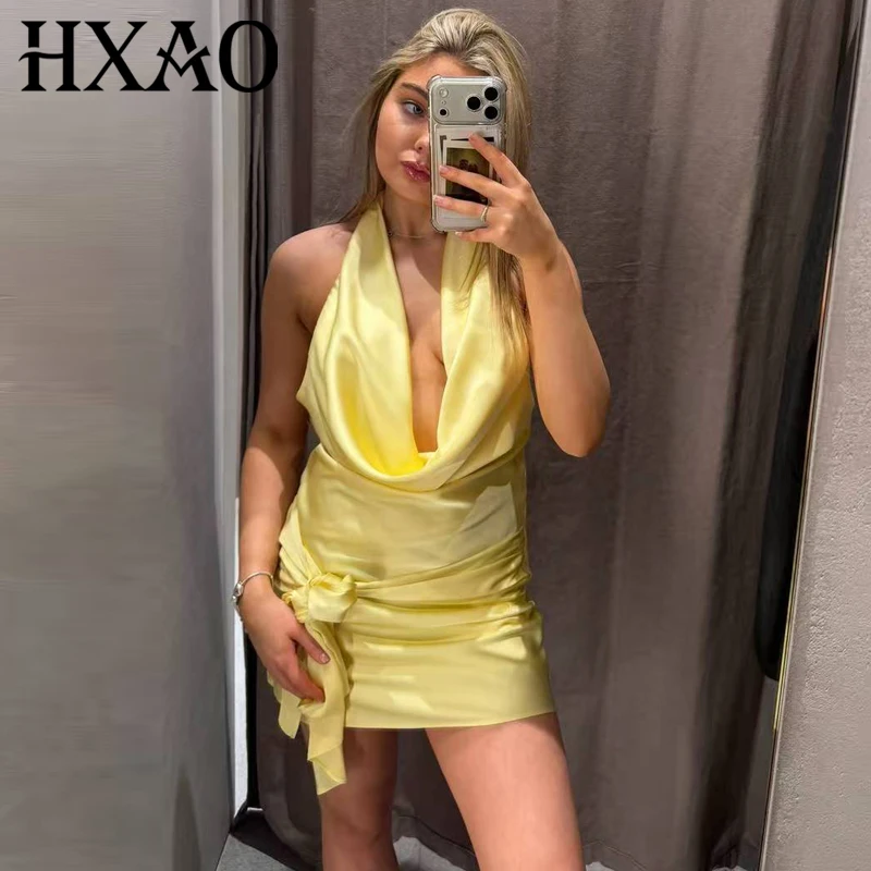 

HXAO 2026 Women's Satin Yellow Halter Dress Summer Mini Off Shoulder Sleeveless Backless Lace-Up Vestidos Resort Evening Dresses