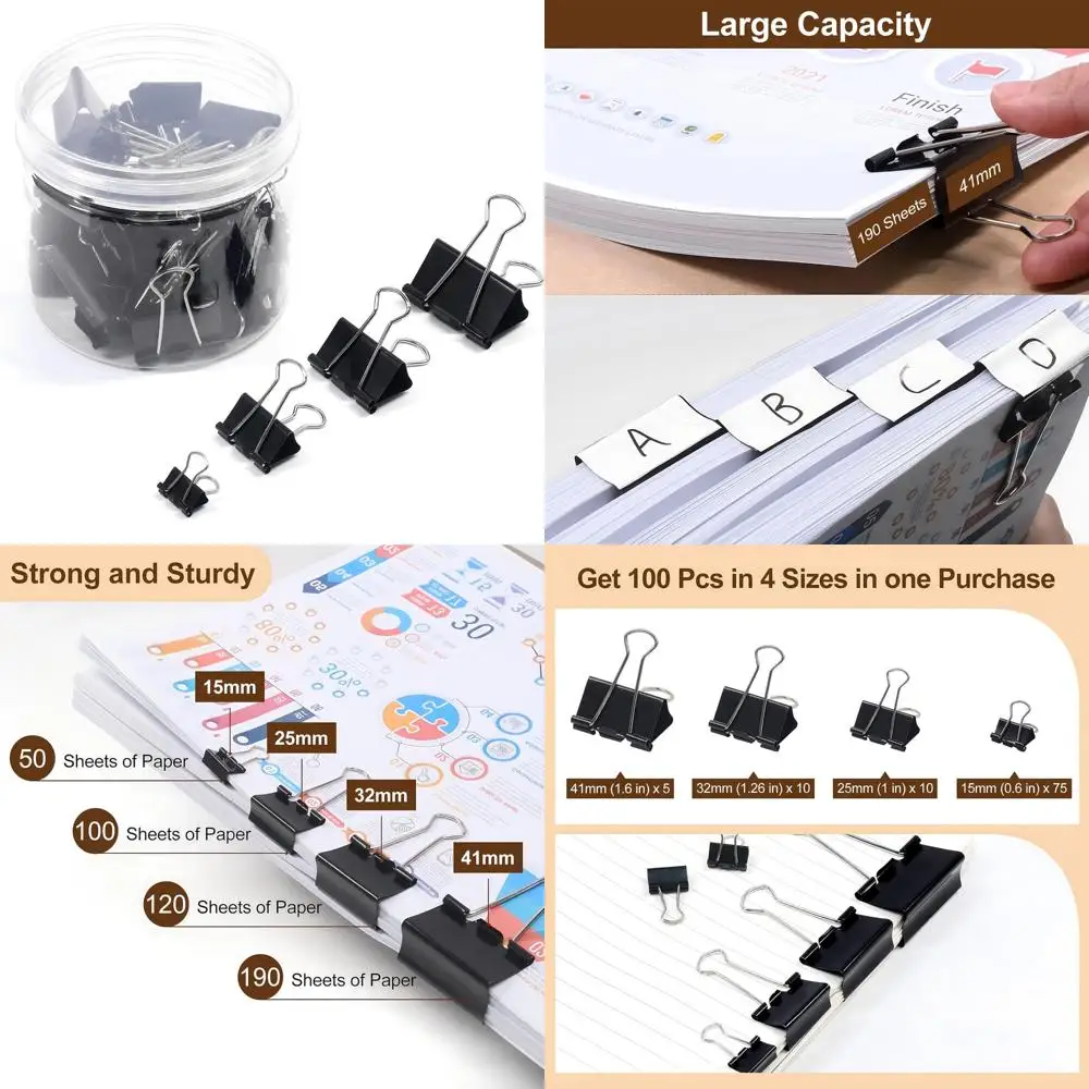 

Black Binder Clips Assorted Sizes - 100 Pcs Metal Binder Paper Clips Foldback Bulldog Clip Clamps for Office School (Mini, Smal