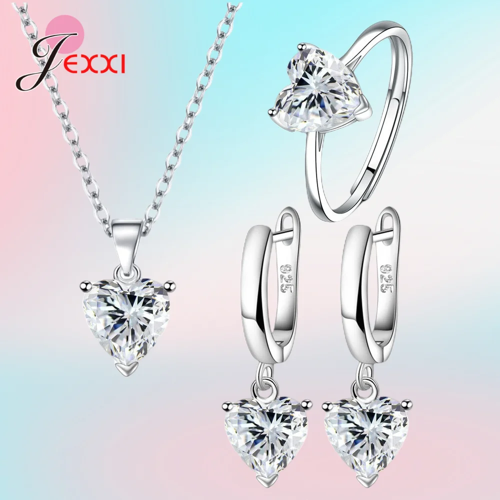 

925 Sterling Silver New Arrival Heart Shape Colorful Delicate Wedding Gift Necklace Earrings Ring Jewelry Sets For Women Girls