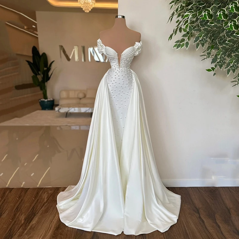 Eightree 2025 White Mermaid Wedding Dresses Off The Shoulder Pearls Princess Wedding Gowns Boho Beach Bridal Evening Prom Dress