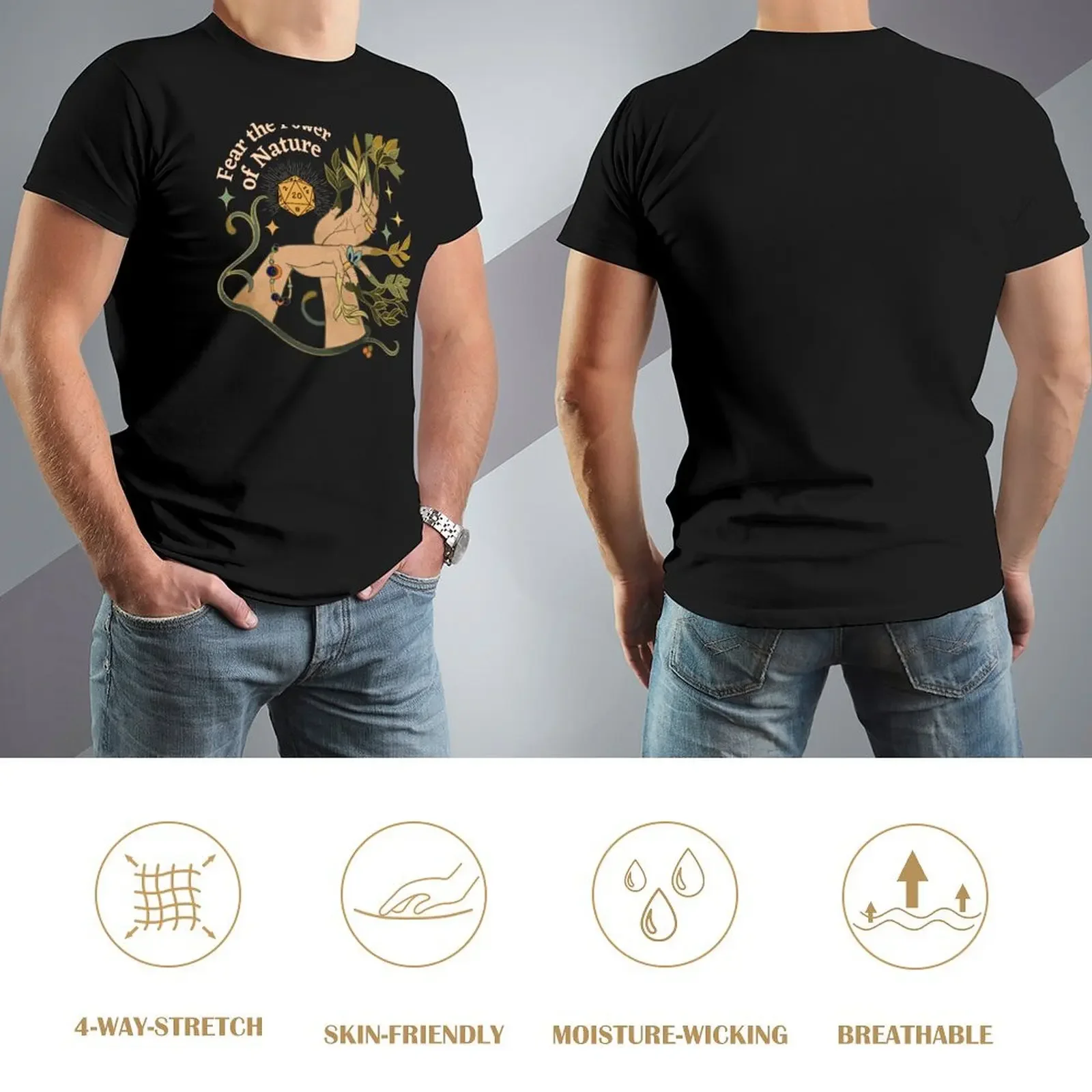 NATUUR DRUID, Dnd Dice, Botanische handen en sterren: Fear the Power of Nature T-shirt anime figuren heren effen t-shirts