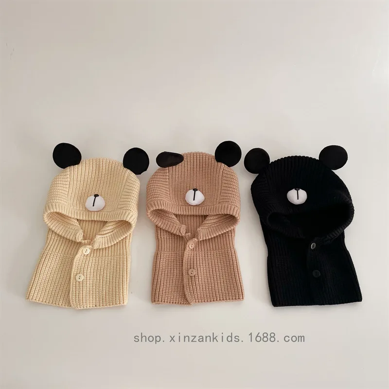 48-52cm Child Knitted Cap Winter Cute Cartoon Bear Candy Colour Baby  Warm Hat One Neck Balaclava Caps Hot