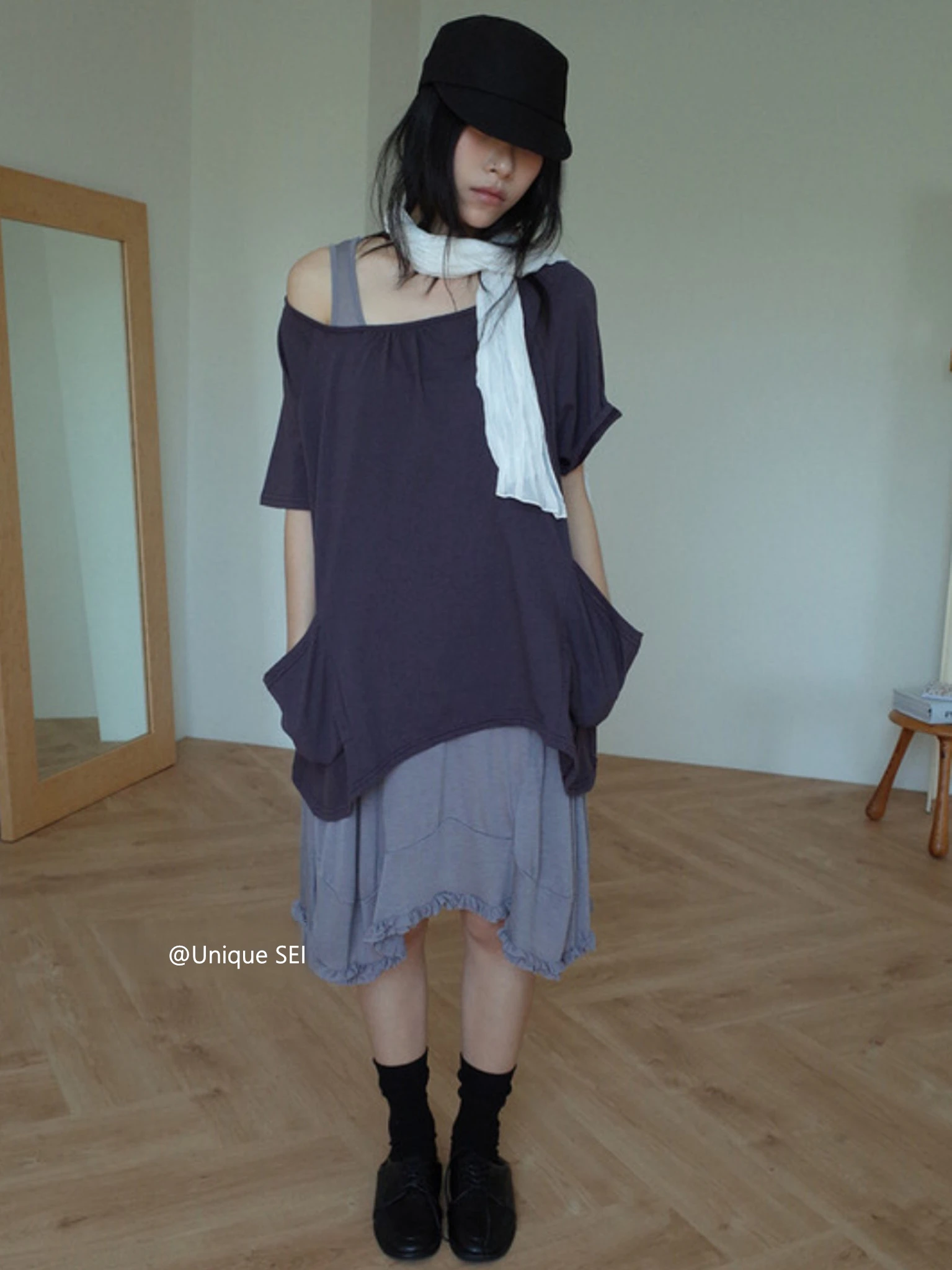 Unique SEI Early Light Japanese Style Shoulder Oblique Large Pocket Summer Loose Casual Short Sleeve T-Shirt Women's Top