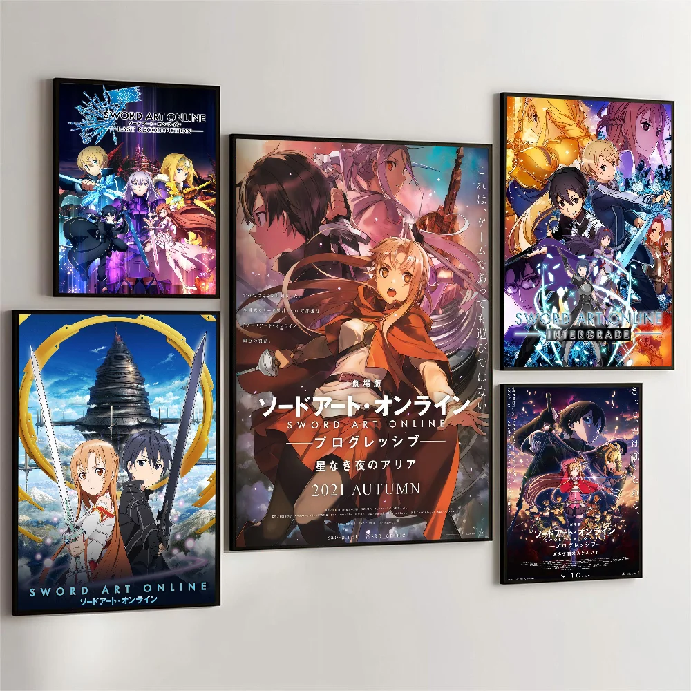 Anime Sword Art Online Kirito Asuna Poster Self-adhesive Art Waterproof Paper Sticker Coffee House Bar Room Wall Decor