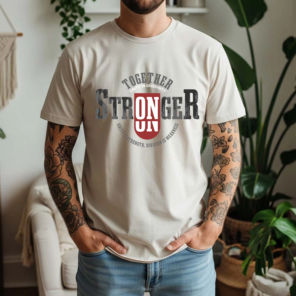 New Summer Mens 100% Cotton T Shirt Together Stronger On Letter Print Casual Breathable Vintage Short Sleeve For Daily Wear