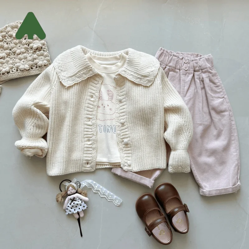 

Autumn Clothing South Korea Children's Clothing New Girls Western Style Knitted Cardigan Little Girl Casual Pants Bottoming Thre