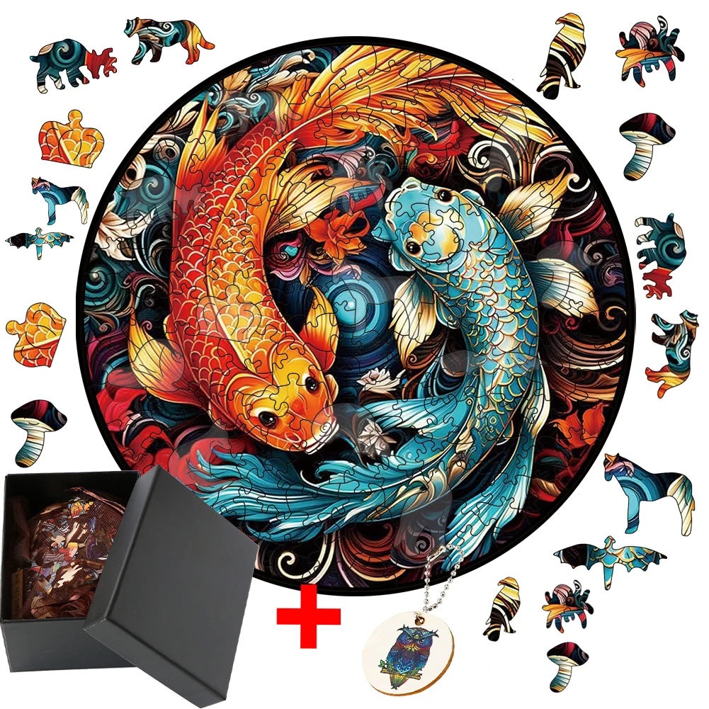 Koi CarpWooden Jigsaw Puzzle, Artesanato DIY, Puzzles de madeira para crianças, Treinador de cérebro educacional para adultos, Jogos interativos