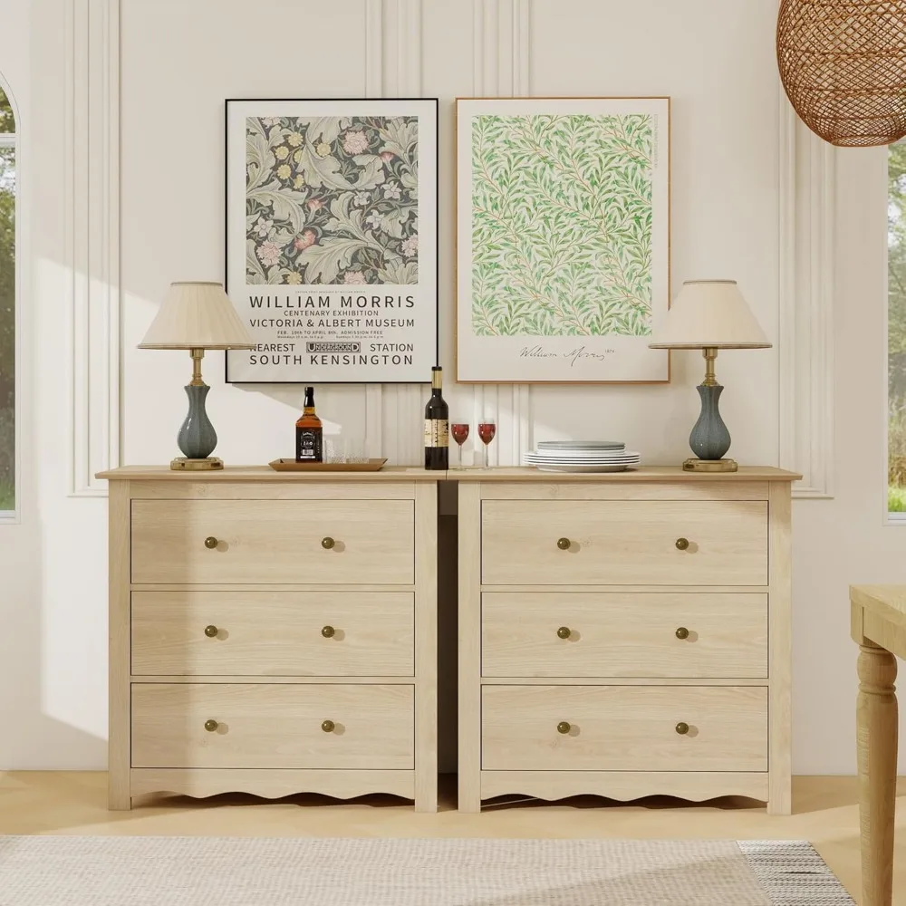 

Dresser for Bedroom with 6 Drawers, Mid Century Modern Wooden Dressers Chest of Drawers with Handles, 3 Drawer Nightstand Set of