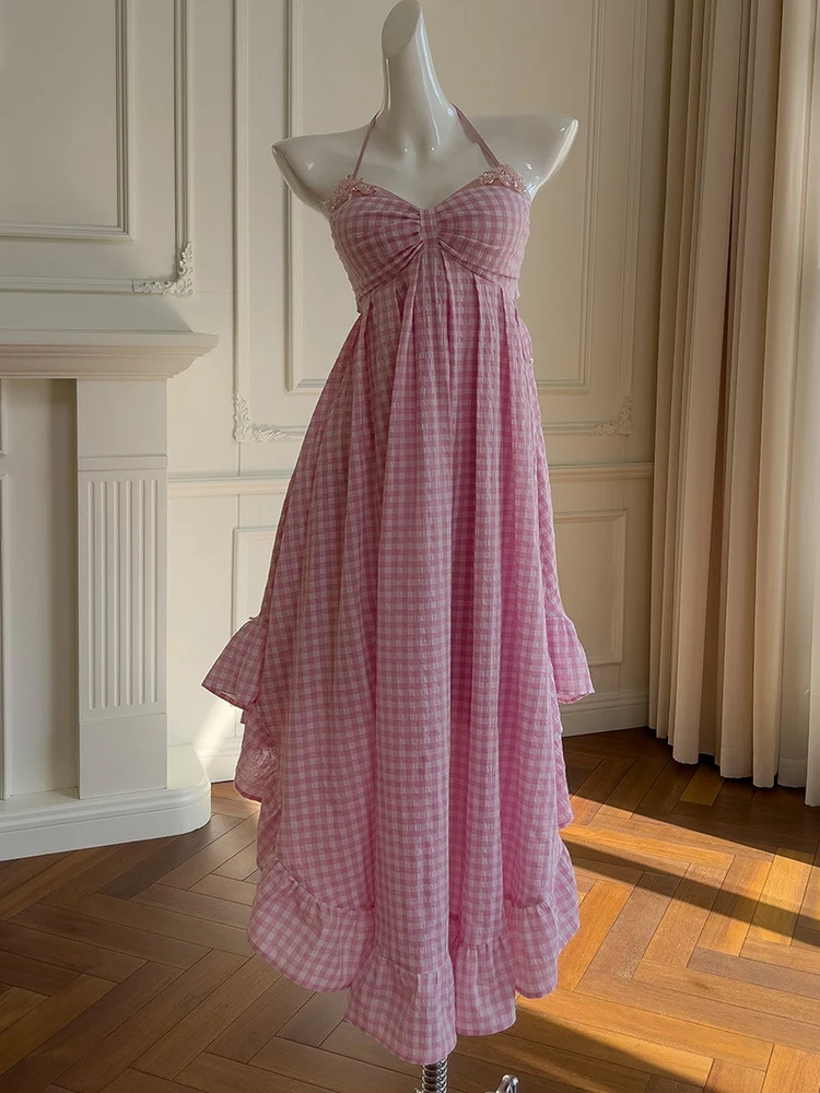 

Dopne Pink Plaid Beach Vaion Sle Bal Strap Dr Ne Hanging Beach Small Design Long Skirt Sweet High Waist A-L...