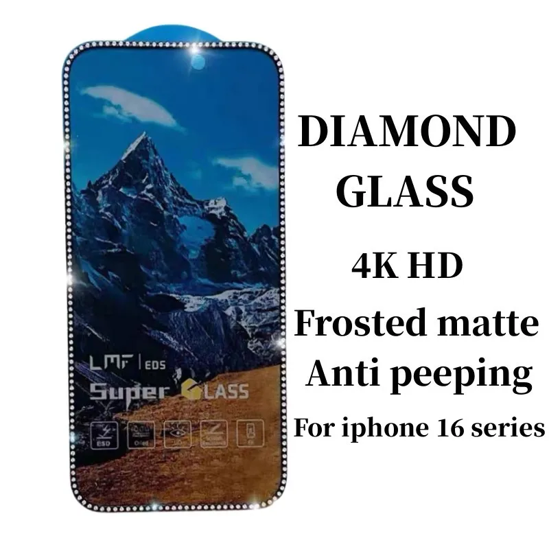 3D Diamond Plated Tempered Glass For iphone 16 Pro Max 16 Plus Stereoscopic Diamond Inlaid Anti peeping Matte Screen Protector