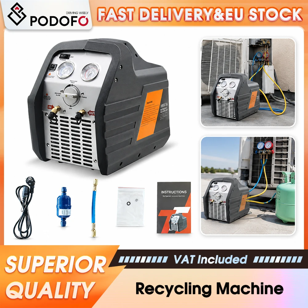Machine de récupération de réfrigérant monocylindre Podofo 3/4HP, unité de recyclage de réfrigérant portable pour climatiseur, outil de récupération de fréon efficace pour l'entretien et la réparation des climatiseurs automobiles, équipement d'atelier.