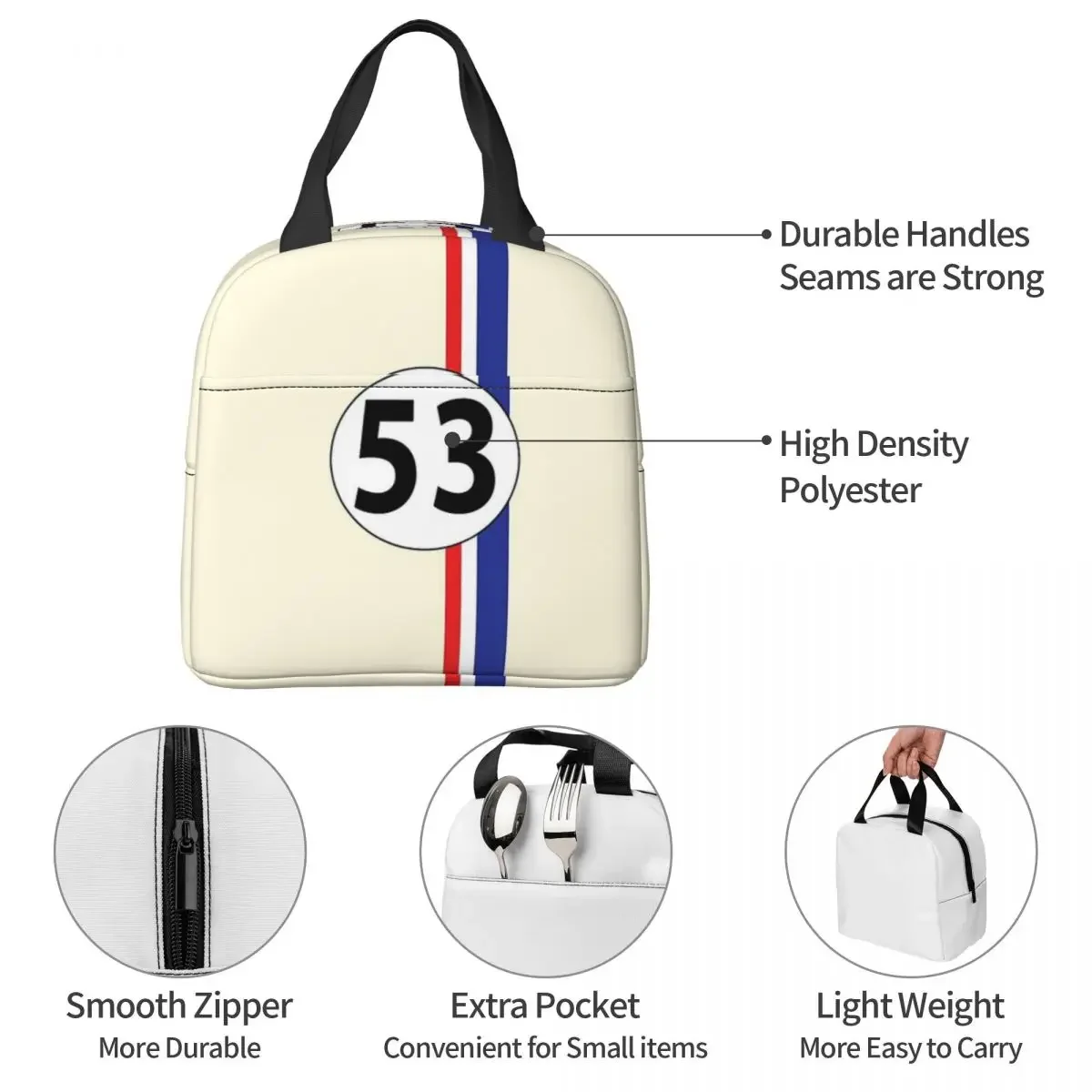 Herbie, Number 53 Lunch Bags Insulated Bento Box Portable Lunch Tote Resuable Picnic Bags Cooler Thermal Bag for Woman Girl