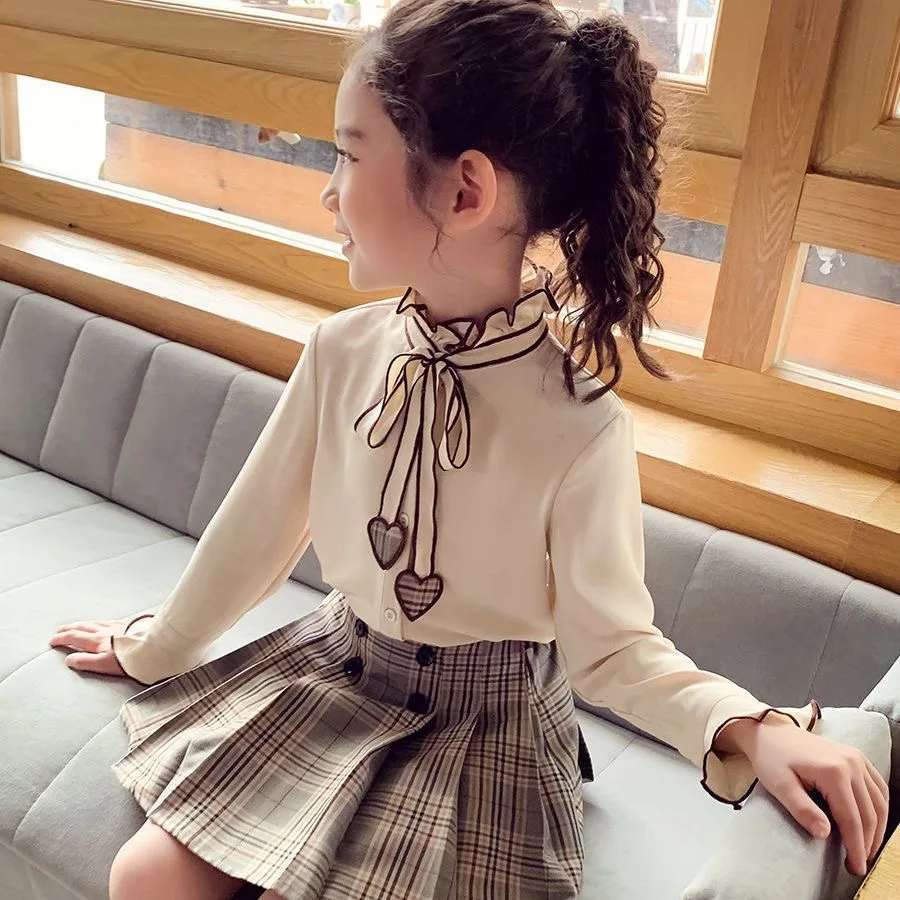 110-160cm Spring Autumn Girls 2pcs Skirt Set Long Sleeves Kids Princess Top And Skirt Designed Suits School Uniform Clothing