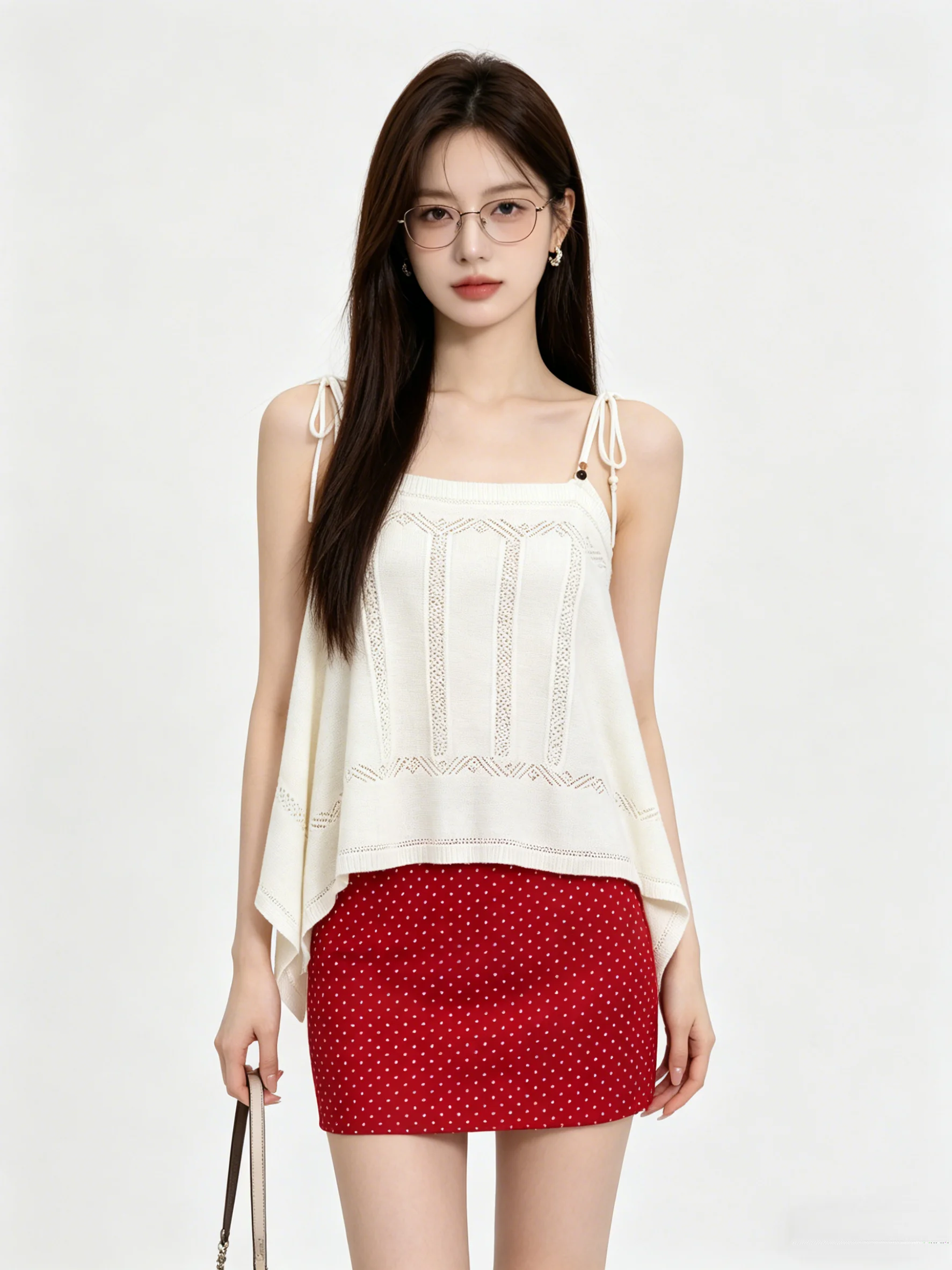 

Korean Style Vacation Loose Knitted Short Top Irregular Square Collar Strap Vest Breathable Casual Summer Fashion Women's Cro...