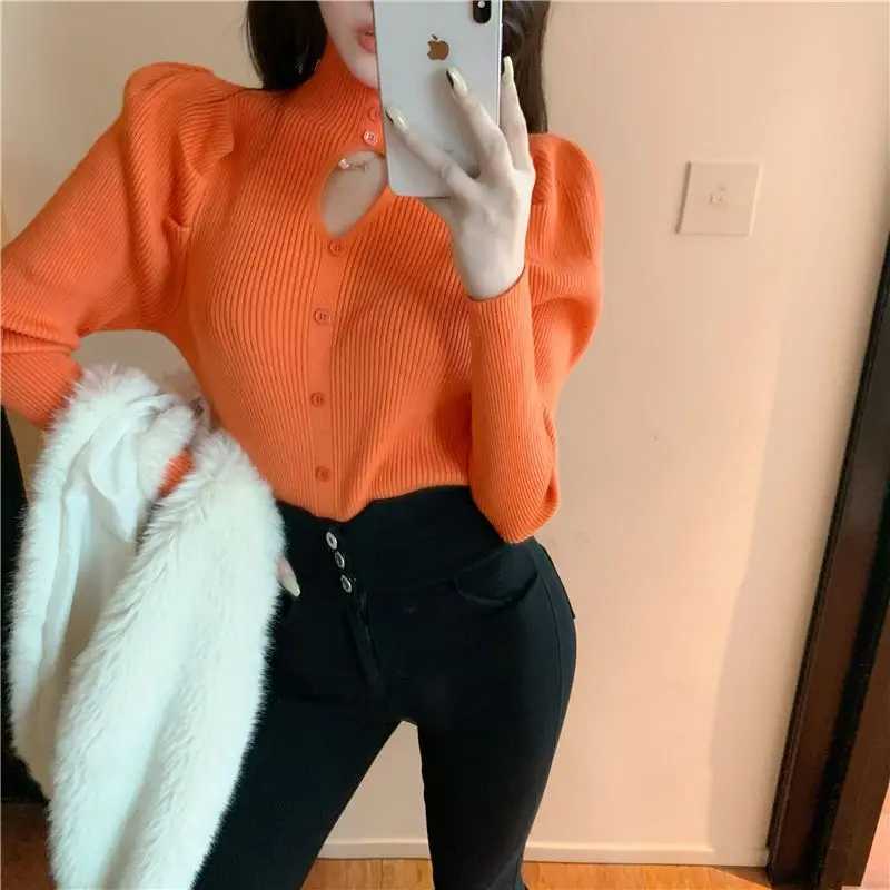 Women\'s Clothing Elegant Trend Casual Korean Slim Interior Lapping Undercoat Solid Color Buttons Turtleneck Long Sleeve T-Shirts