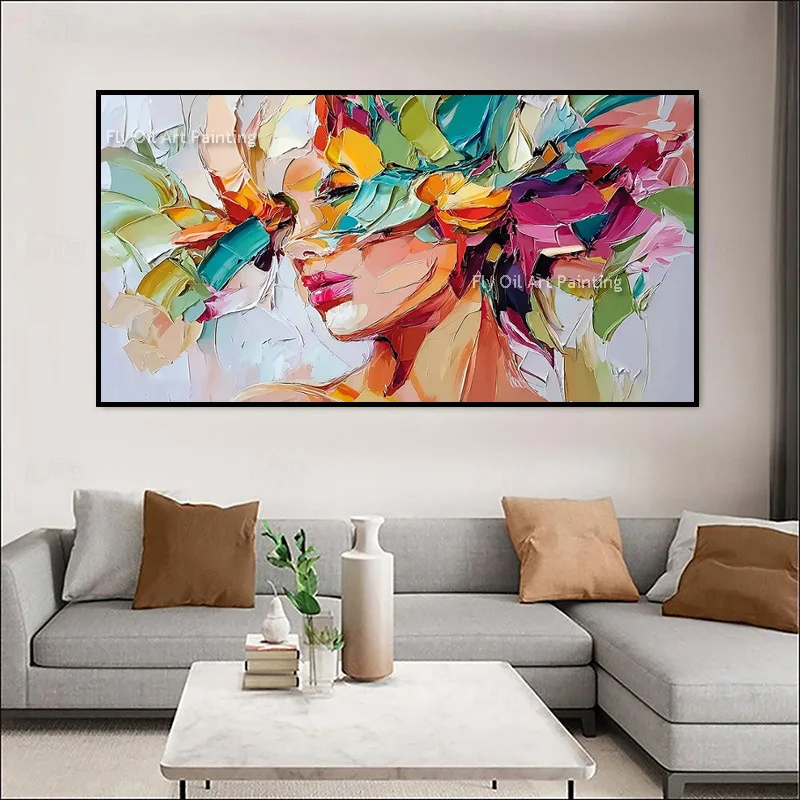 Original Hand‑Painted Female Portrait Canvas Art, Heavy Texture Colorful Floral Oil Painting, Bold Modern Living Room Wall Decor