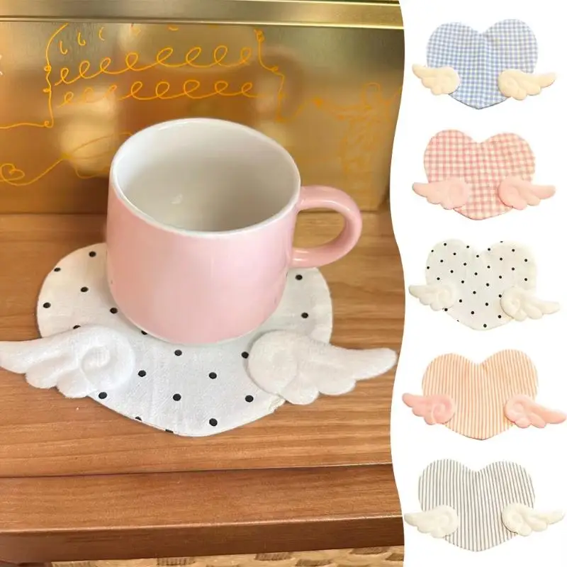 1Pcs Aesthetic Plaid Anti Scald Table Mat Sweet Girly Angel Wing Heart Coaster Cute Desk Decor Birthday Gift