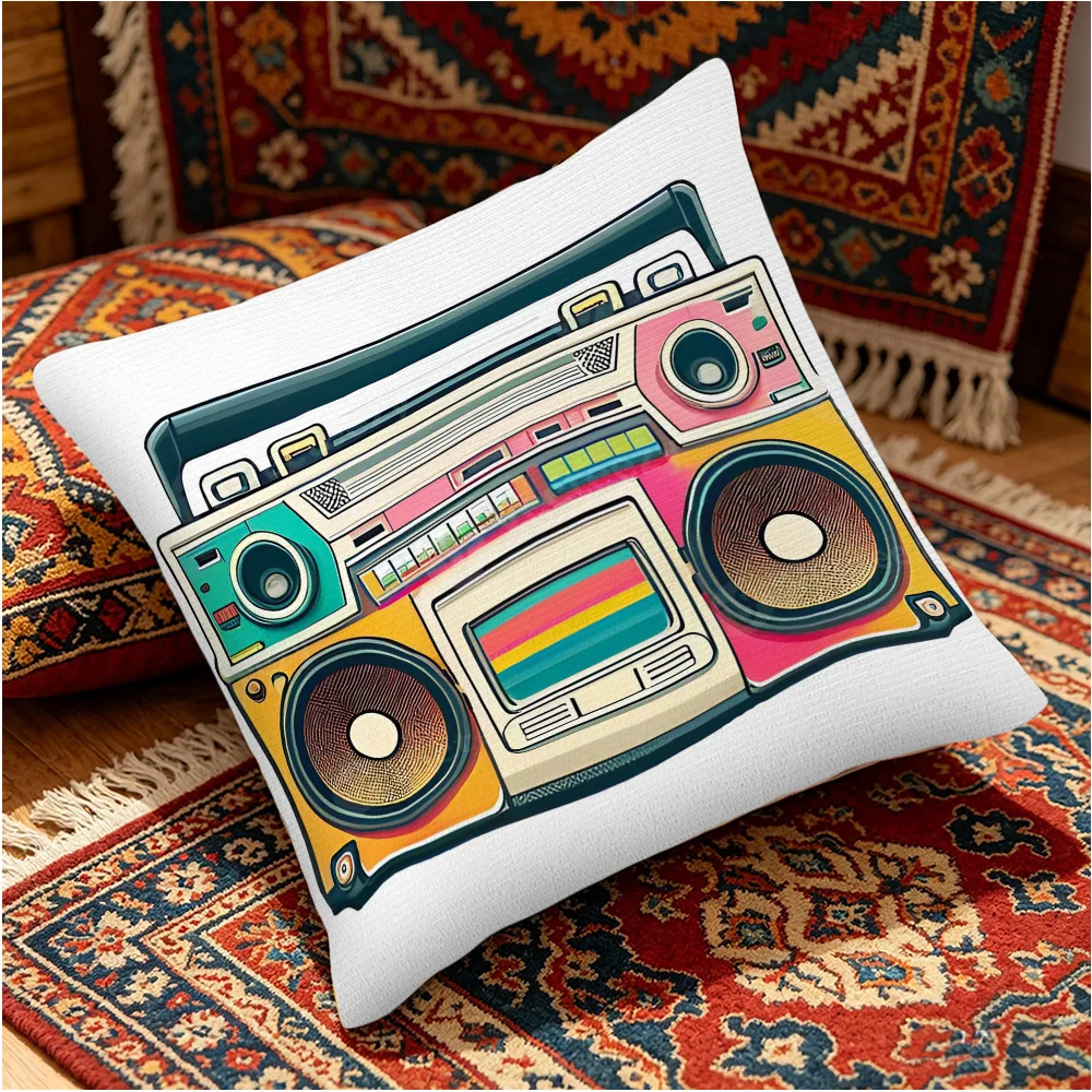 Retro Boombox Pillowcase, Vintage 80s Radio Cushion Cover, Colorful Pop Art, Music Lover Home Decor, Soft Living Room Gift