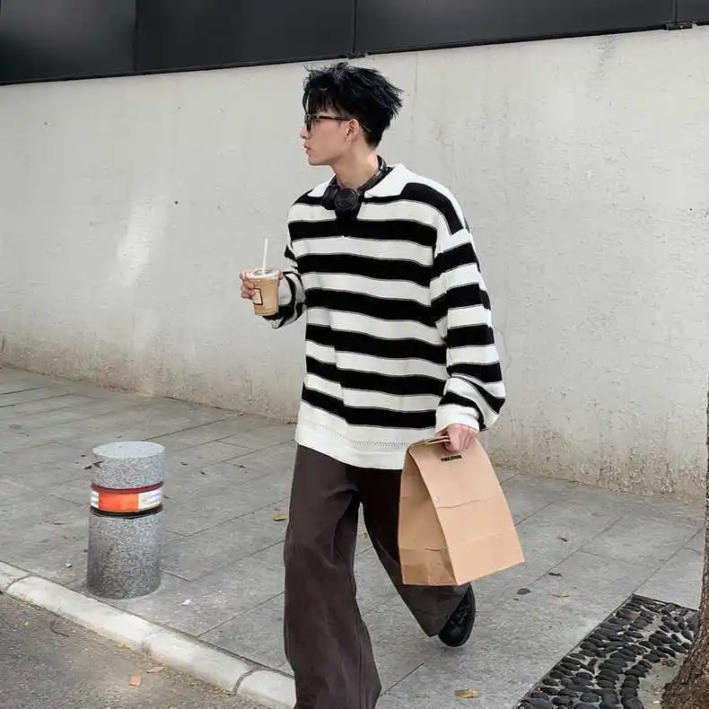 Trendy Korean Striped Deep V-neck Sweater for Men in Autumn and Winter Loose Y2K Lazy Style Personalized Polo Sweater Ins Jacket