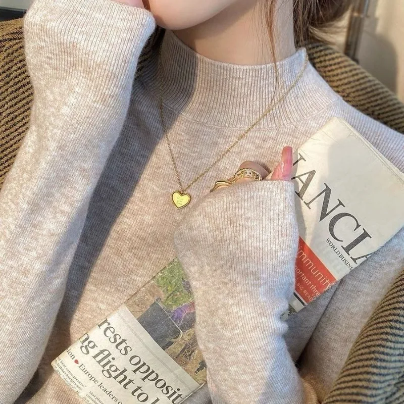 Women Fleece Lined Mock Neck Knit Sweater Autumn Winter Long Sleeve Inner Wear Versatile Elegant Pullover Top