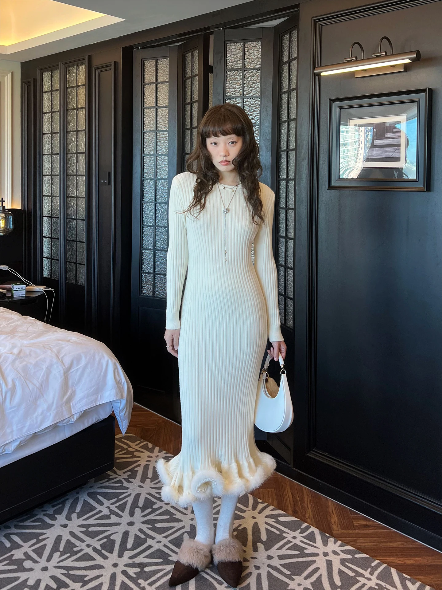 

Luminosidad Water Rabbit Fur Knitted Dr Long Sve Midi Skirt Versatile Base Layer Sweater Dr Ele Ci Commute Dr