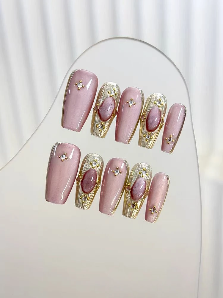 Handmade Pink Cat's Eye Manicure Wearing Nail Heavy Industry Hand-painted Super Flash Light Gold Nail Art Fake Nail