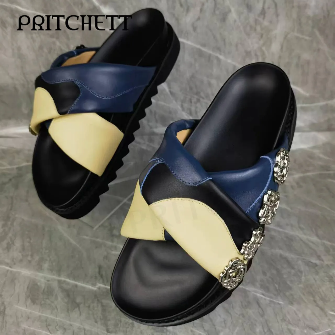 Silver Metal Buckle Platform Slippers Color Matching Cross Strap Open Toe Round Toe Slipper Fashion Casual Women's Shoes