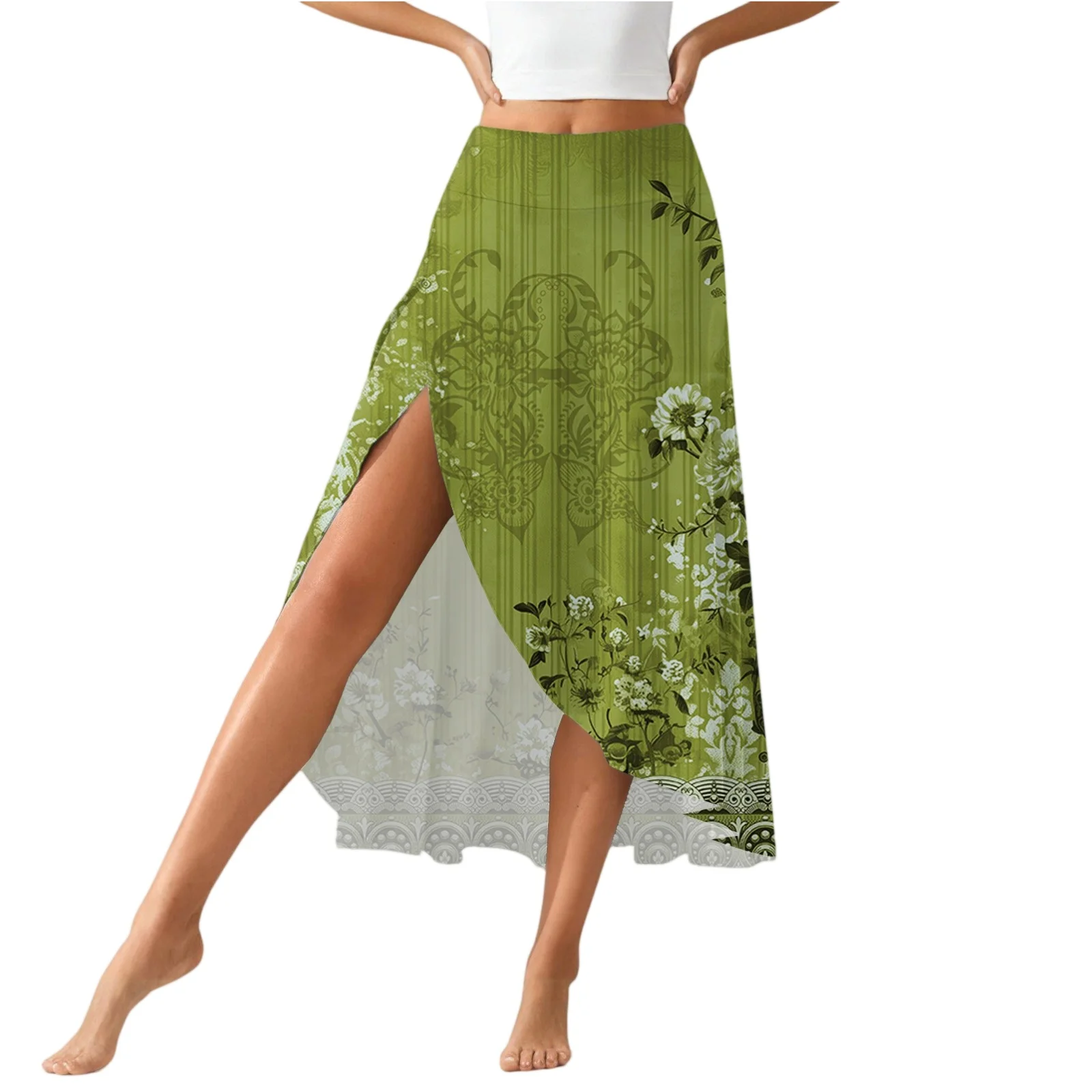 

Solid Color Skirts For Women New Women'S Fashion Casual Print Long Skirt Slit Ruffle High Waist Flowing Shorts Skirt 여름 옷