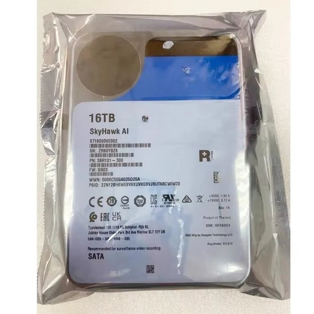 

ST16000VE002 Привод для Seagate Skyhawk AI 16 ТБ Видео HDD3.5 дюйма SATA 6 Гбит/с 256 МБ Внутренние жесткие диски для DVR NVR Security Cam era