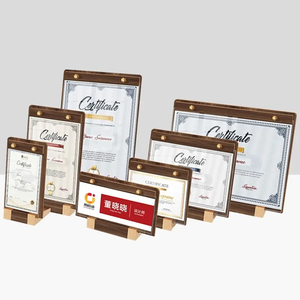 A4/A5/A6 Desktop Display Board Brown Faux Walnut Wood Menu Vertical Holder Transparent Panel Stable Base